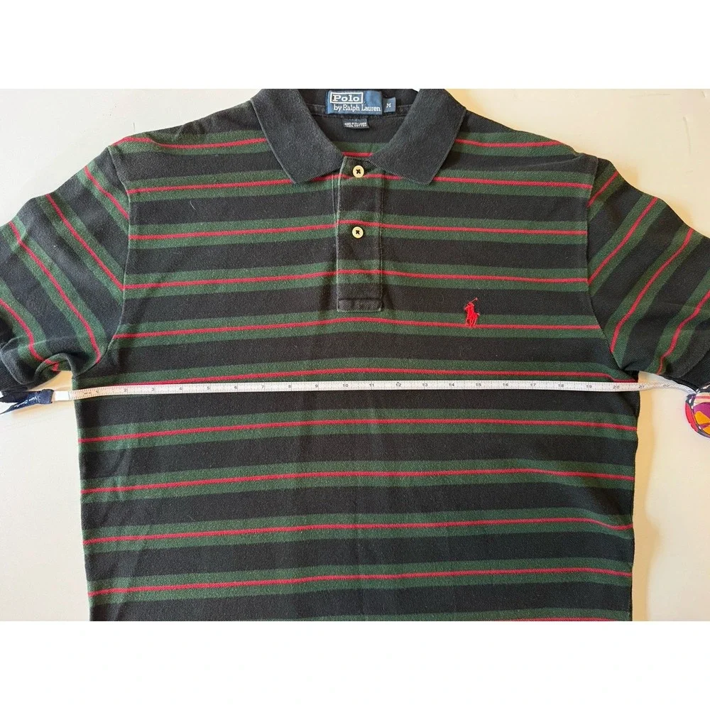 Vintage Ralph Lauren Mens M Short Sleeve Black and Green Stripe Red Pony Polo